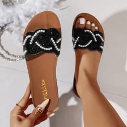PXASXR Pearl Sandals for Women Fashionable Wear-Resistant Flat Bottom Slippers Comfortable Casual Beachwear Outdoor Slippers