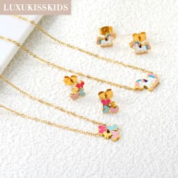 LUXUKISSKIDS Cute Girls Unicorn Sets of Necklace Pendant Earrings Stainless Steel Colorful Butterfly Jewelry Set Birthday Party