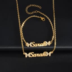 Atoztide Custom Name Necklace Bracelet Stainless Steel Jewelry Set Zircon Stone Butterfly Chain for Women Family Birthday Gift