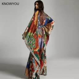 New Big Size Kimono Women Luxury Print Beachwear Cover Up Holiday Tunic Dress Bohemian Style Batwing Sleeve Maxi Dresses