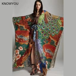 New Big Size Kimono Women Luxury Print Beachwear Cover Up Holiday Tunic Dress Bohemian Style Batwing Sleeve Maxi Dresses