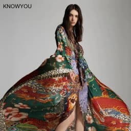 New Big Size Kimono Women Luxury Print Beachwear Cover Up Holiday Tunic Dress Bohemian Style Batwing Sleeve Maxi Dresses