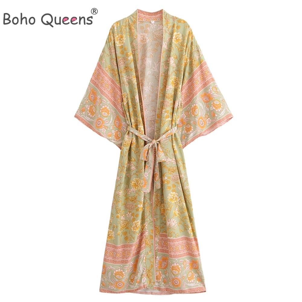 Boho Queens Vintage Women Floral Print Sashes Bohemian Kimono Ladies V Neck Batwing Sleeves Rayon Maxi Robe Cover-ups