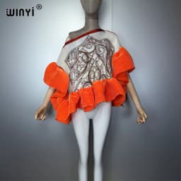 WINYI Summer Clothes Africa Pleated Elastic Casual Top Kawaii Jacket Beach Cover Up Women's T-Shirts Evening Dress