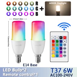 2PCS E14/E27/B22 T37 RGB Bulb LED Multicolor Light Dimmable 16 Colors Remote Control Smart Lighting - Brighten Your Every Moment