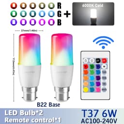 2PCS E14/E27/B22 T37 RGB Bulb LED Multicolor Light Dimmable 16 Colors Remote Control Smart Lighting - Brighten Your Every Moment
