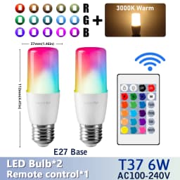 2PCS E14/E27/B22 T37 RGB Bulb LED Multicolor Light Dimmable 16 Colors Remote Control Smart Lighting - Brighten Your Every Moment