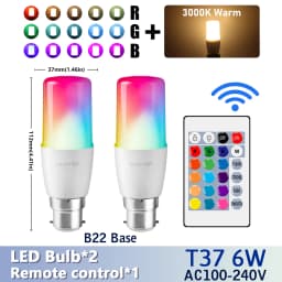 2PCS E14/E27/B22 T37 RGB Bulb LED Multicolor Light Dimmable 16 Colors Remote Control Smart Lighting - Brighten Your Every Moment