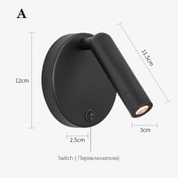 Nordic Bedside Wall Lamp Sconce with Switch Modern Minimalist Rotating Reading Lamp Spot Light 3W Black Brass for Aisle Bedroom