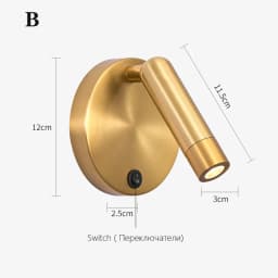 Nordic Bedside Wall Lamp Sconce with Switch Modern Minimalist Rotating Reading Lamp Spot Light 3W Black Brass for Aisle Bedroom
