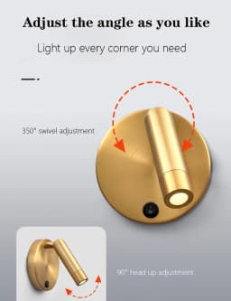 Nordic Bedside Wall Lamp Sconce with Switch Modern Minimalist Rotating Reading Lamp Spot Light 3W Black Brass for Aisle Bedroom