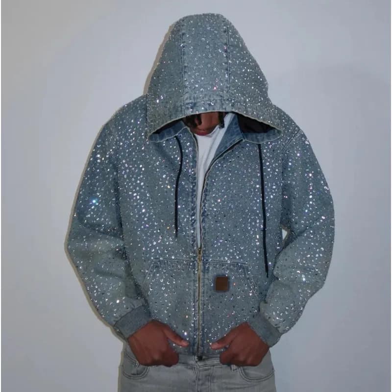 2026 New Y2k Streetwear Rhinestone Decorated Denim Hooded Jacket Men European American Fashion High Street Men's Loose Hoodie