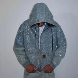 2026 New Y2k Streetwear Rhinestone Decorated Denim Hooded Jacket Men European American Fashion High Street Men's Loose Hoodie