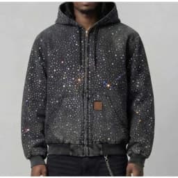 2026 New Y2k Streetwear Rhinestone Decorated Denim Hooded Jacket Men European American Fashion High Street Men's Loose Hoodie