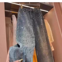 Women's Jeans 2025 New Style Heavy Industry High-end Versatile High-waisted Slim Straight Pants Blue Two-color Hot Diamond Jeans