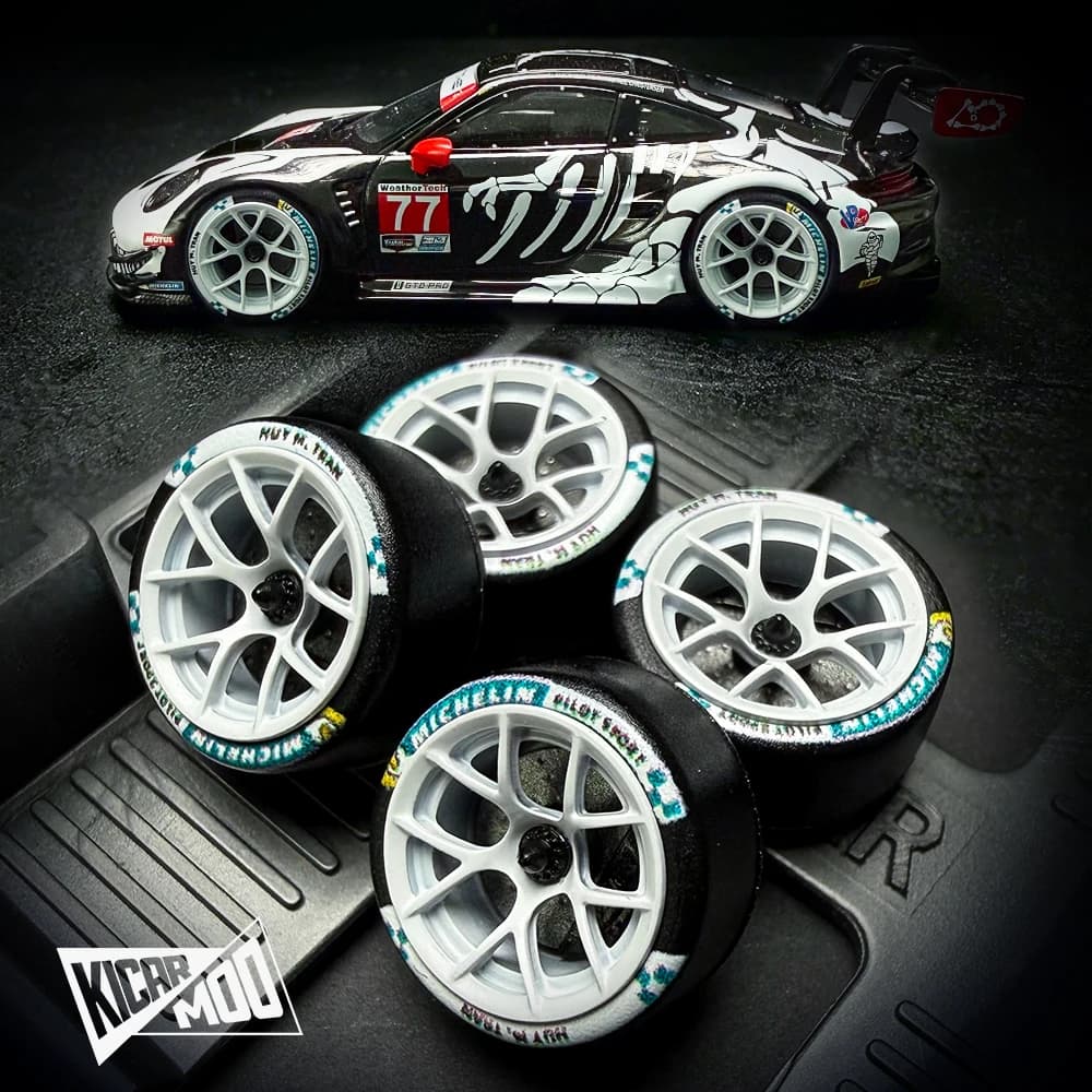 Kicarmod 1/64 Resin "Dove" Center Lock Racing Model Wheels 10.8mm with Rubber Tires & Dynamic Bearings for MINIGT 911 R8