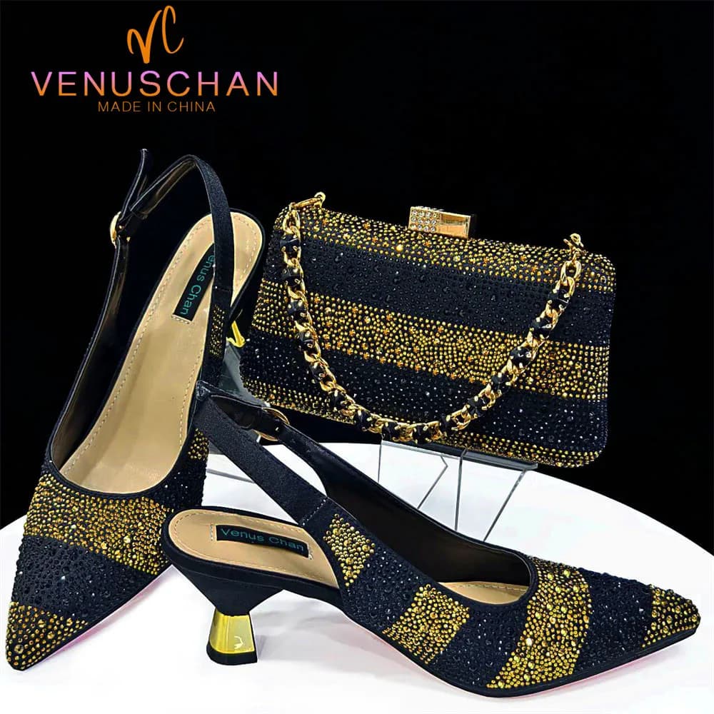 Venus Chan- Elegant High Heels Shoes and Bag Set for Women Pointed Toe Black Color Hollow Rhinestones Matching Bag INS 2024