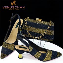 Venus Chan- Elegant High Heels Shoes and Bag Set for Women Pointed Toe Black Color Hollow Rhinestones Matching Bag INS 2024
