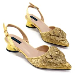 Italian Design Evening Shoes And Bags Paired With Handmade Petal Gold Colour Pointed Toe Mid-Heel Shoes For Women Party Shoes