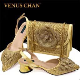 Italian Design Evening Shoes And Bags Paired With Handmade Petal Gold Colour Pointed Toe Mid-Heel Shoes For Women Party Shoes