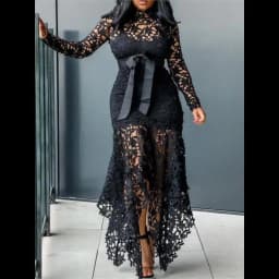 2024 Spring New Fashionable French Lace Stand Up Collar  Bubble Sleeves Waist Cinching Slimming Dress Elegant Long Dress