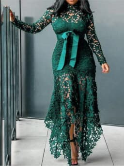 2024 Spring New Fashionable French Lace Stand Up Collar  Bubble Sleeves Waist Cinching Slimming Dress Elegant Long Dress
