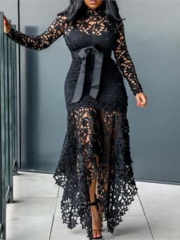 2024 Spring New Fashionable French Lace Stand Up Collar  Bubble Sleeves Waist Cinching Slimming Dress Elegant Long Dress