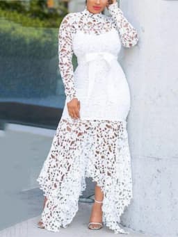 2024 Spring New Fashionable French Lace Stand Up Collar  Bubble Sleeves Waist Cinching Slimming Dress Elegant Long Dress
