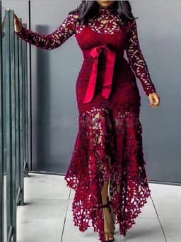 2024 Spring New Fashionable French Lace Stand Up Collar  Bubble Sleeves Waist Cinching Slimming Dress Elegant Long Dress