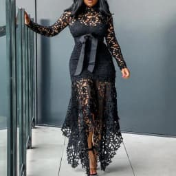 2024 Spring New Fashionable French Lace Stand Up Collar  Bubble Sleeves Waist Cinching Slimming Dress Elegant Long Dress