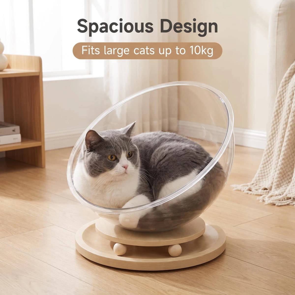 Transparent Acrylic Cat Spaceship Nest 2 In 1 Cat Bed & Rotating Turntable Toy With Wood Play Ball Four Season Pet Cat House