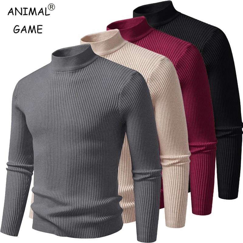 Mens Mock Neck Pullover Sweater High Neck Turtleneck Long Sleeve Sweaters for Men Winter Warm Outwear Stripes Casual Coats
