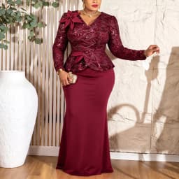 Elegant Women Sequin Dress V Neck Long Sleeves 3D Floral Design Peplum Waist Fitted Mermaid Hem Wedding Party Cocktail Events