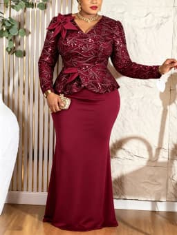 Elegant Women Sequin Dress V Neck Long Sleeves 3D Floral Design Peplum Waist Fitted Mermaid Hem Wedding Party Cocktail Events