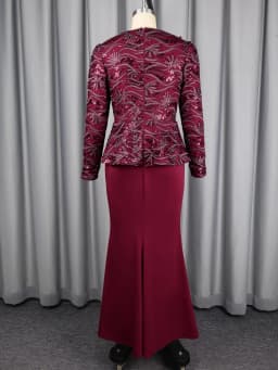 Elegant Women Sequin Dress V Neck Long Sleeves 3D Floral Design Peplum Waist Fitted Mermaid Hem Wedding Party Cocktail Events