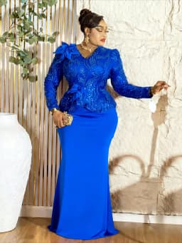 Elegant Women Sequin Dress V Neck Long Sleeves 3D Floral Design Peplum Waist Fitted Mermaid Hem Wedding Party Cocktail Events