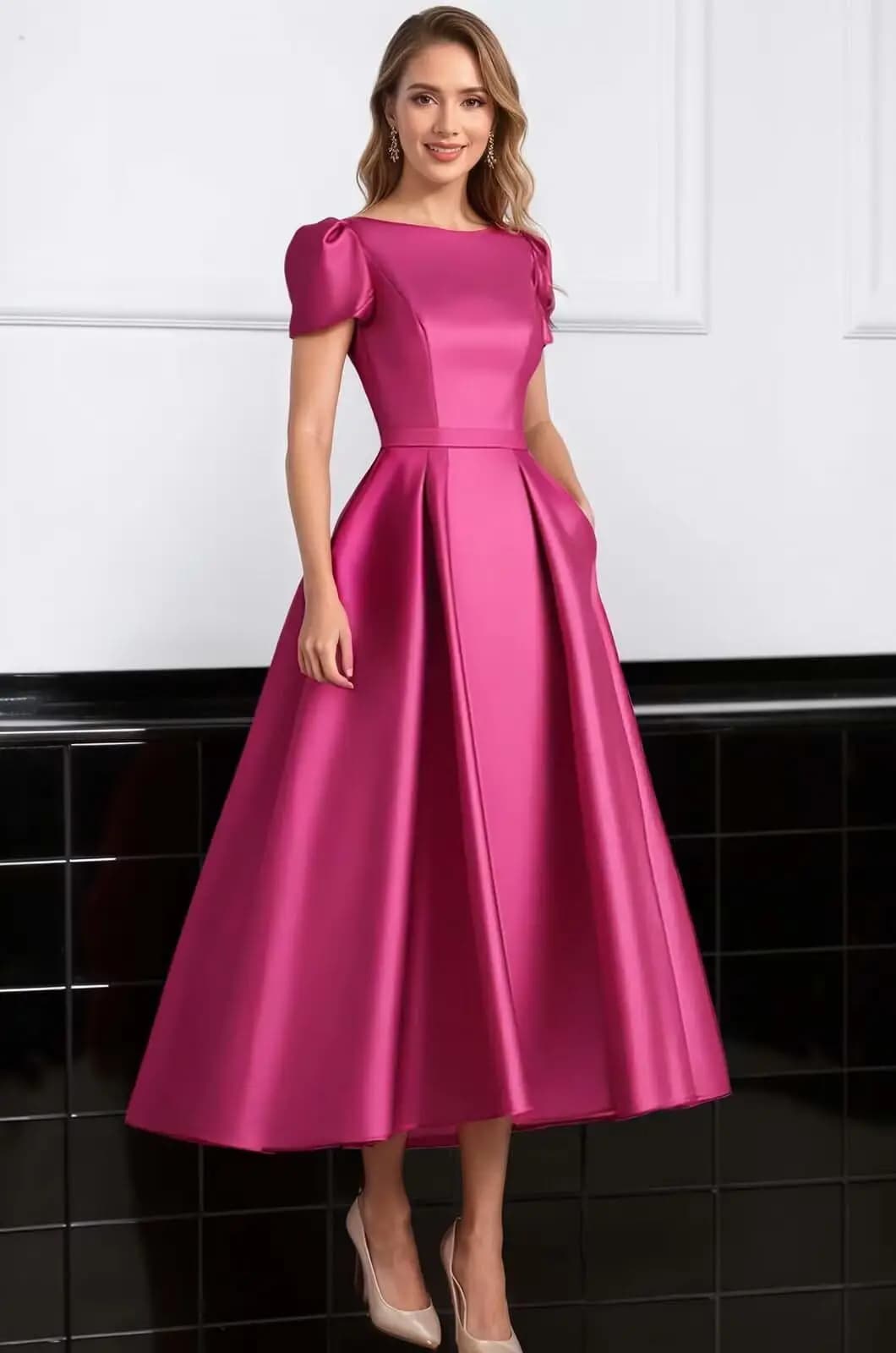 Formal Satin Mother of The Bride Dresses for Women Tea Length A Line Wedding Guest Dress with Sleeves