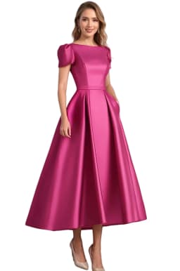 Formal Satin Mother of The Bride Dresses for Women Tea Length A Line Wedding Guest Dress with Sleeves