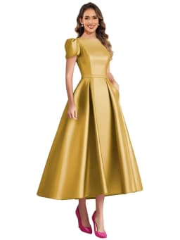 Formal Satin Mother of The Bride Dresses for Women Tea Length A Line Wedding Guest Dress with Sleeves