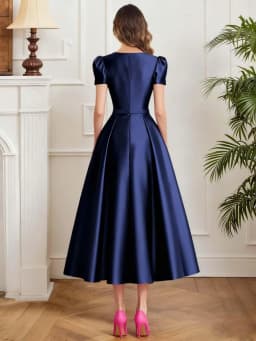 Formal Satin Mother of The Bride Dresses for Women Tea Length A Line Wedding Guest Dress with Sleeves
