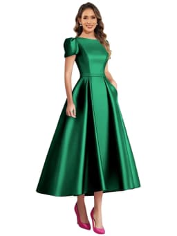 Formal Satin Mother of The Bride Dresses for Women Tea Length A Line Wedding Guest Dress with Sleeves