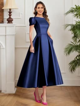Formal Satin Mother of The Bride Dresses for Women Tea Length A Line Wedding Guest Dress with Sleeves
