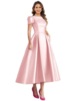 Formal Satin Mother of The Bride Dresses for Women Tea Length A Line Wedding Guest Dress with Sleeves