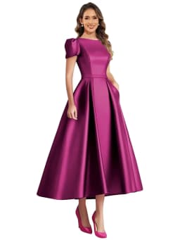 Formal Satin Mother of The Bride Dresses for Women Tea Length A Line Wedding Guest Dress with Sleeves