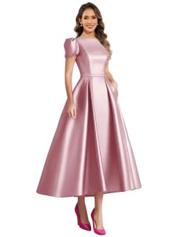 Formal Satin Mother of The Bride Dresses for Women Tea Length A Line Wedding Guest Dress with Sleeves
