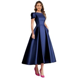 Formal Satin Mother of The Bride Dresses for Women Tea Length A Line Wedding Guest Dress with Sleeves