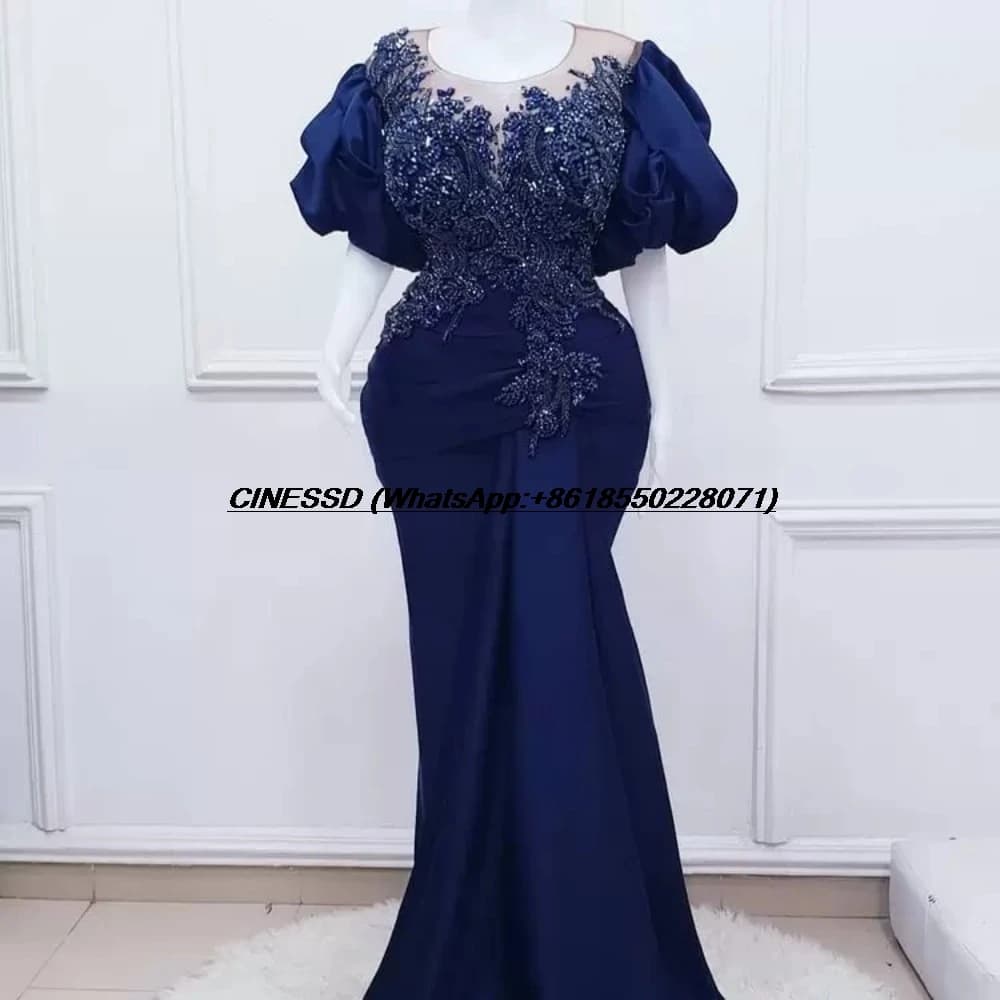 Plus Size Arabic Aso Ebi Navy Blue Mermaid Prom Dresses Lace Beaded Crystals Evening Formal Party Birthday Gowns Customized 2025
