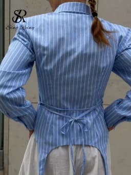 SINGREINY Office Lady Stripe Slim Shirt 2026 Lace Up Lapel Full Sleeves Irregular Hem Top Autumn Women Trendy Street Chic Blouse