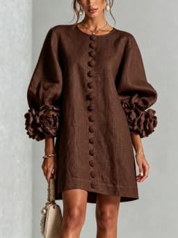 Women Linen Mini Dress O Neck Puff Long Sleeve 3D Flower Cuff Decor Flower Button Loose Casual Short Dresses for Party Vacation