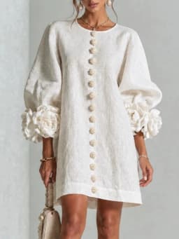 Women Linen Mini Dress O Neck Puff Long Sleeve 3D Flower Cuff Decor Flower Button Loose Casual Short Dresses for Party Vacation